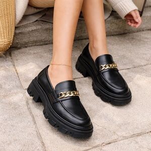 Design Lab Meera Lug Platform Loafers Black Vegan Leather